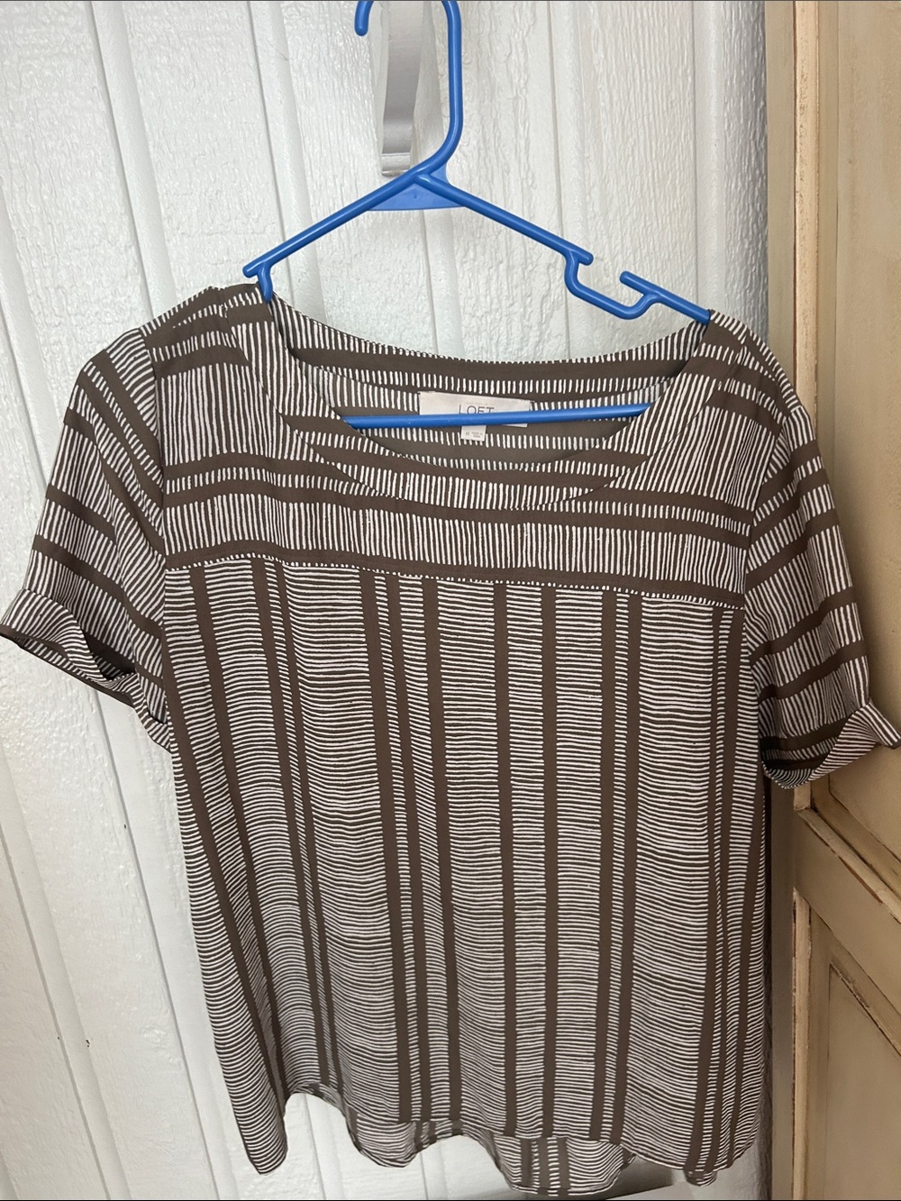 LOFT Brown & Cream Striped Short Sleeve Blouse
